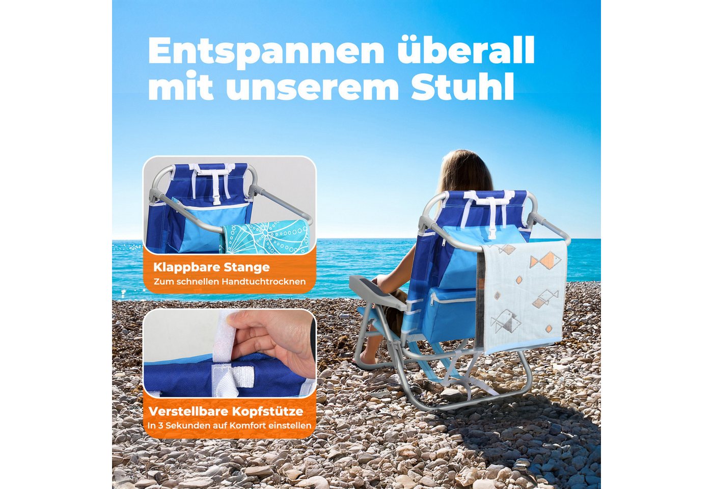 Klappstuhl Strandstuhl Klappbar Leicht Strand 5-stufig Verstellbare Rückenlehne,bis 136kg,aluminiumrahmen, Eine Große Isolierte Kühltasche, Aufbewahrungstasche, 2 St - Homecall Bild 3