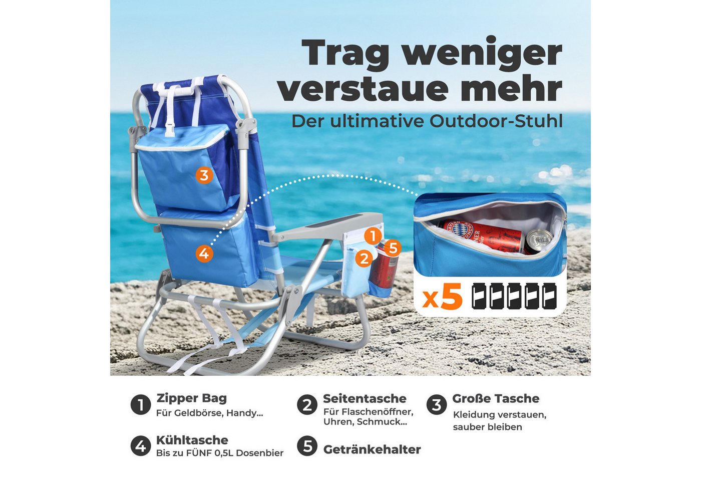 Klappstuhl Strandstuhl Klappbar Leicht Strand 5-stufig Verstellbare Rückenlehne,bis 136kg,aluminiumrahmen, Eine Große Isolierte Kühltasche, Aufbewahrungstasche, 2 St - Homecall Bild 4