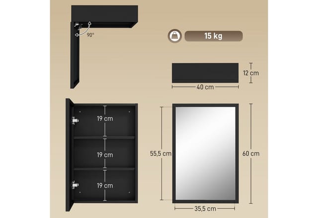 Kleankin Spiegelschrank mit 3 Etagen Hängeschrank Schwarz 40 x 12 x 60 cm
