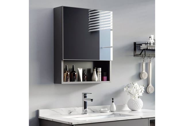 Kleankin Spiegelschrank mit 2 Innenböden Glas Schwarz 46 x 13,5 x 58 cm