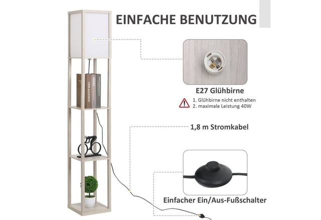 HOMCOM Stehleuchte mit Regalen E27 bis 40W Holz Eiche 26x26x160cm Ohne Glühbirne