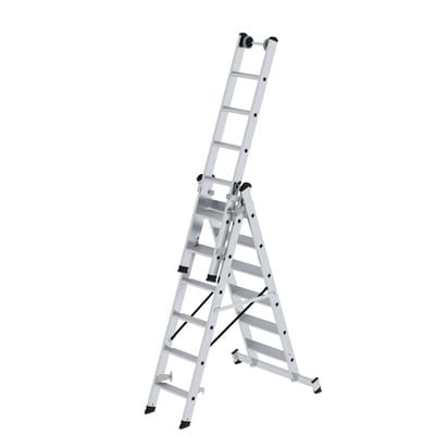 MUNK Stufen- Mehrzweckleiter mit Wandlaufrollen und Nivello Traverse 3x6 Stufen