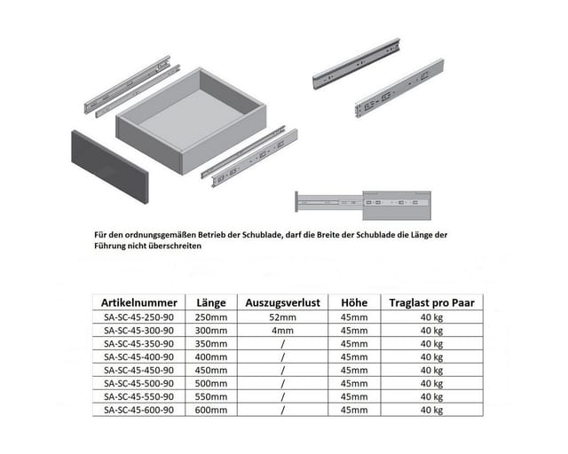 MS Beschläge Schubladenauszug Schwarz Vollauszug 30 KG 450 mm