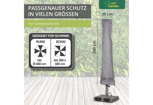 Mehr Garten Premium Sonnenschirmhülle 240 cm x 35 60 cm für Schirme Rund bis Ø 450 cm Eckig bis 320 x 320 cm