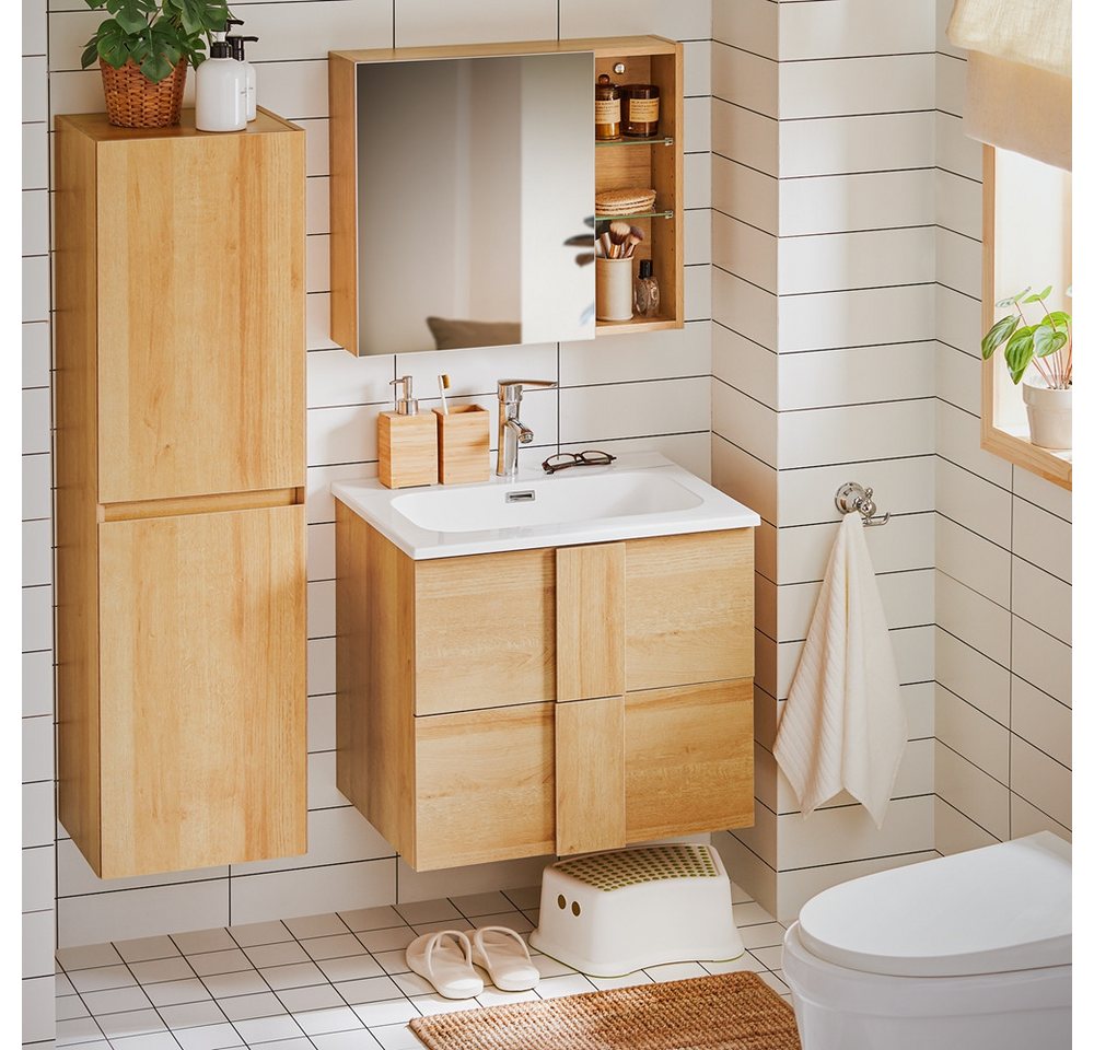 SoBuy Waschbeckenunterschrank mit Waschbecken und 2 Schubladen Natur BZR172-N