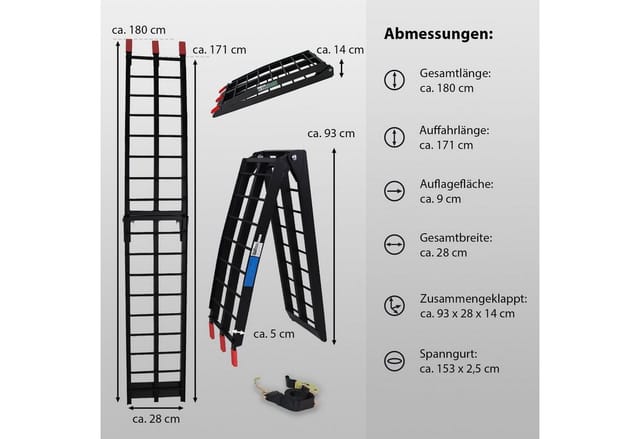 TRUTZHOLM 1 x Auffahrrampe Klappbar 180 cm Traglast 340 kg Schwarz