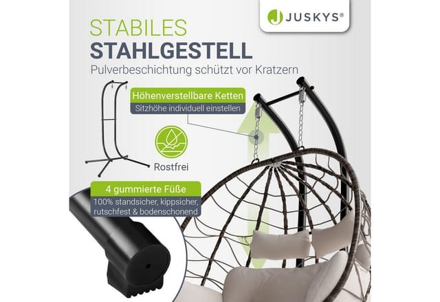 JUSKYS Doppel Hängesessel Aria aus Polyrattan mit Gestell (Beige)