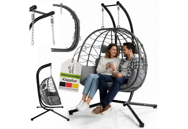 JUSKYS Doppel Hängesessel Aria aus Polyrattan mit Gestell (Grau)