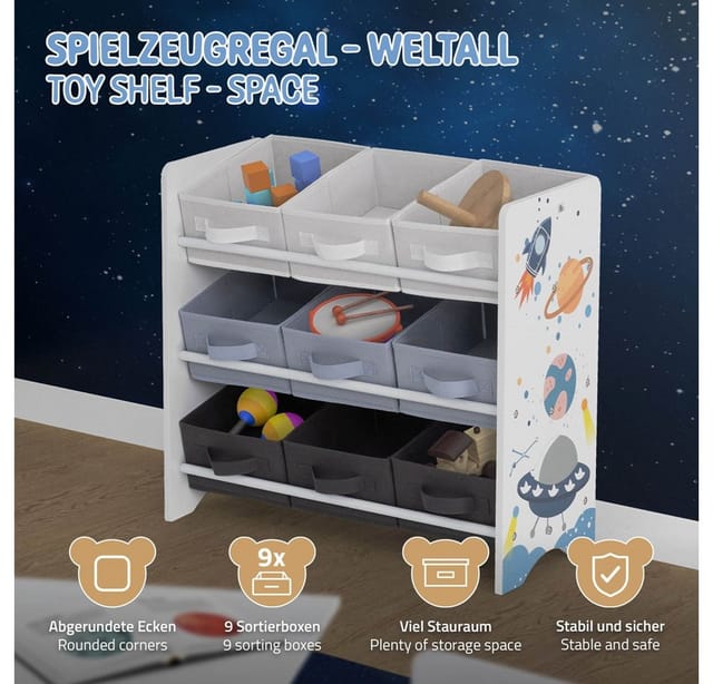 Joyz Kinderregal Weltraum 62,5x29,5x60 cm Weiß Regal mit 9 Aufbewahrungsboxen
