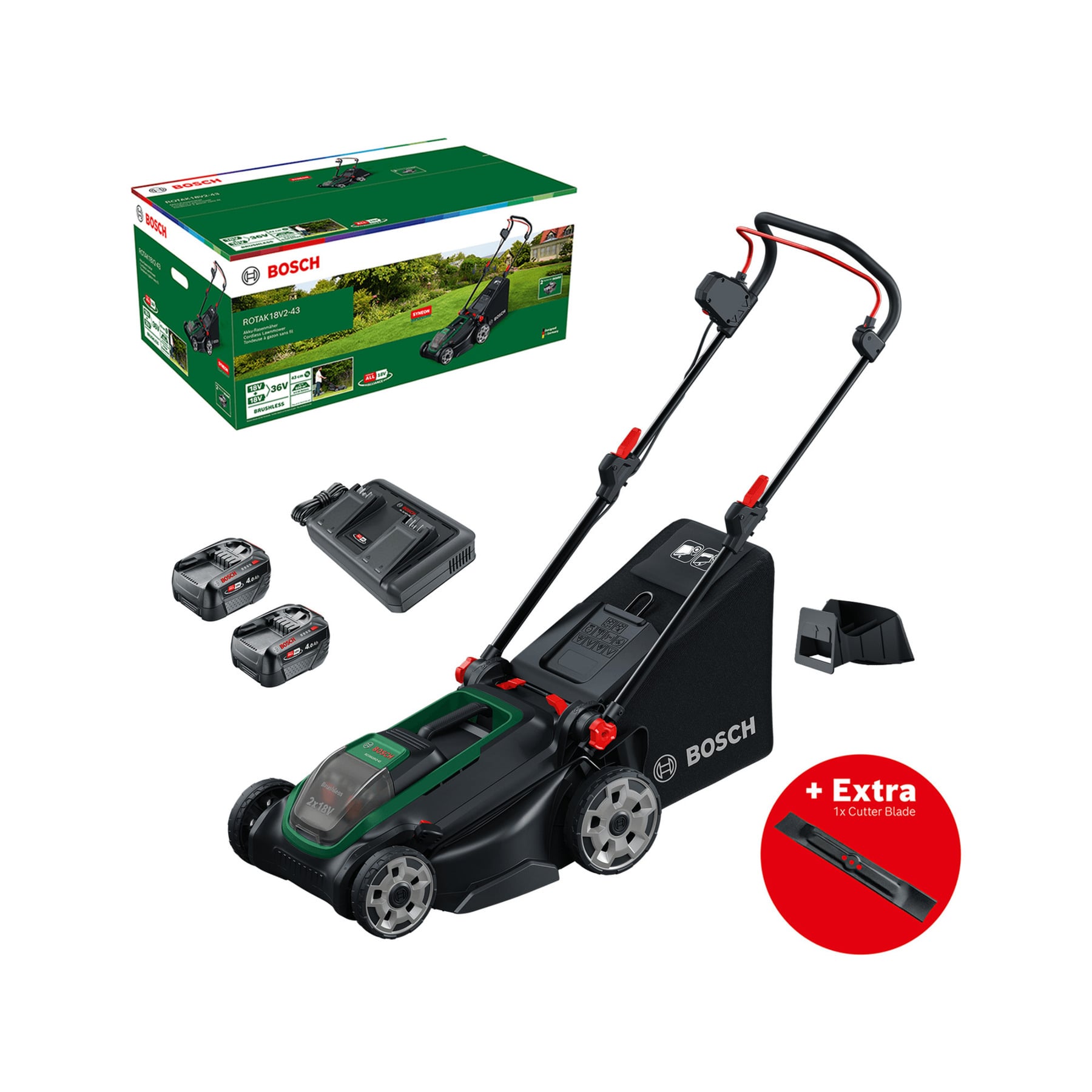 Akku-Rasenmäher Rotak18V2-43, 36 Volt (2x18V)+Messer+Mulch-Plug