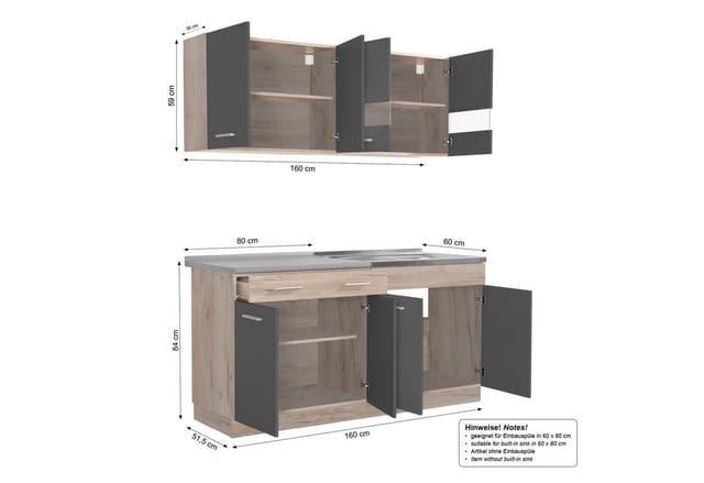 Homestyle4u Küchenzeile 160 cm Eiche Grau