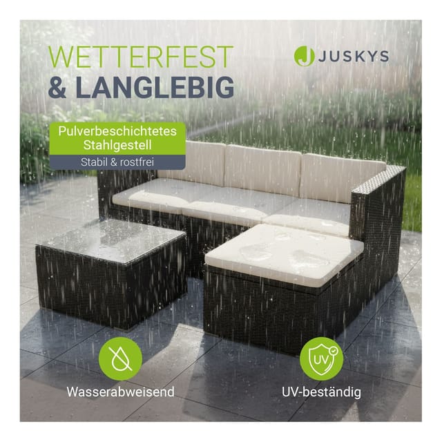 Juskys Polyrattan Lounge Sitzgarnitur Punta Cana M Schwarz mit Bezügen in Creme