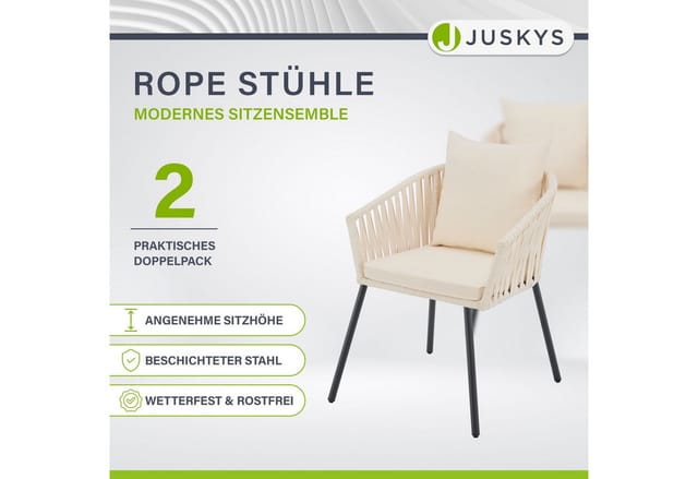 Juskys Rope Stühle 2er Set mit Sitz und Rückenkissen Beige