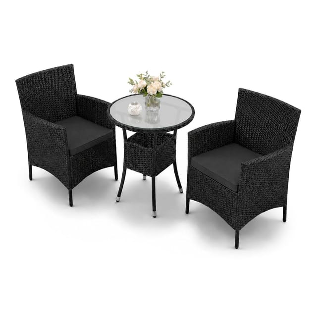 Juskys Polyrattan Gartenmöbel Balkon Set Bayamo in Schwarz mit Bezügen in Dunkelgrau