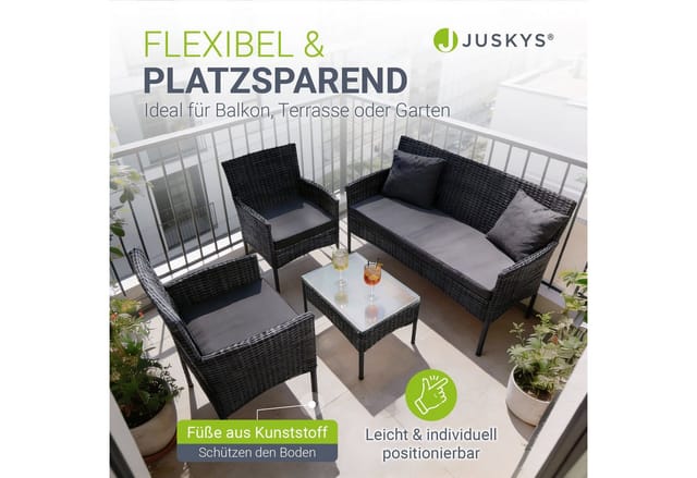 Juskys Polyrattan Gartenmöbel Sitzgruppe Fort Myers Schwarz und Dunkelgraue Bezüge