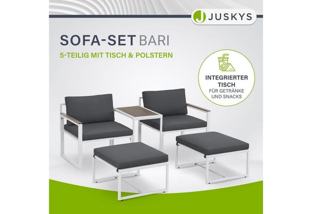 Juskys Sofa Set Gartenmöbel Bari mit Bezügen in Dunkelgrau