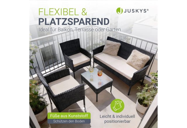 Juskys Polyrattan Gartenmöbel Sitzgruppe Fort Myers Schwarz und Cremeweiße Bezüge