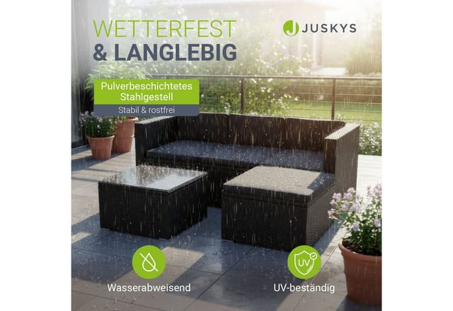 Juskys Polyrattan Lounge Sitzgarnitur Punta Cana M Schwarz mit Bezügen in Dunkelgrau