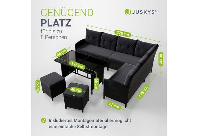 Juskys Polyrattan Gartenmöbel Lounge Manacor Schwarz mit Bezügen in Dunkelgrau