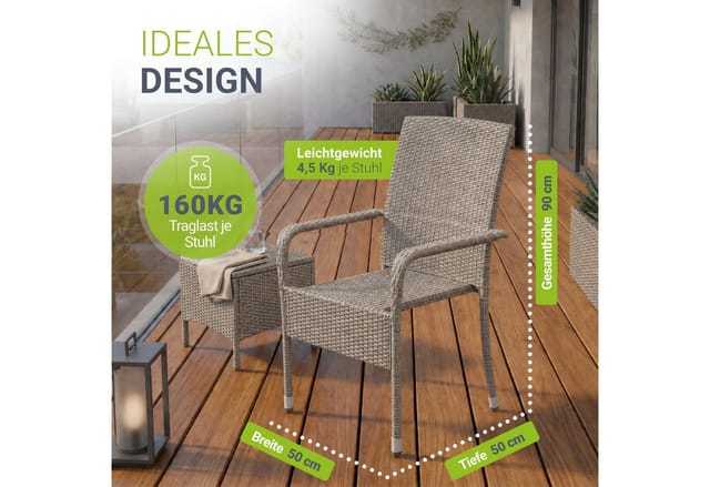 Juskys Polyrattan Gartenstühle Yoro 4er Set Stapelbar mit Armlehnen Grau Meliert