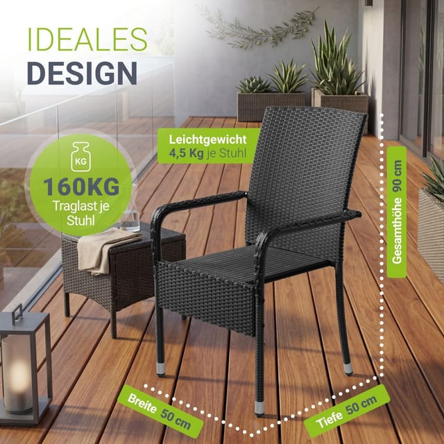 Juskys Polyrattan Gartenstühle Yoro 4er Set Stapelbar mit Armlehnen Schwarz