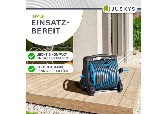 Juskys Schlauchtrommel Basic mit 30m Wasserschlauch und Multifunktionshandbrause blau dunkelgrau