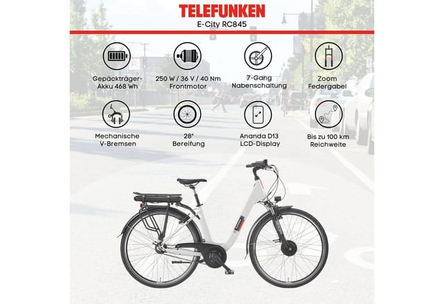 Telefunken City E-Bike 28 Zoll Frontmotor 7-Gang Nabenschaltung 468Wh Akku RC845