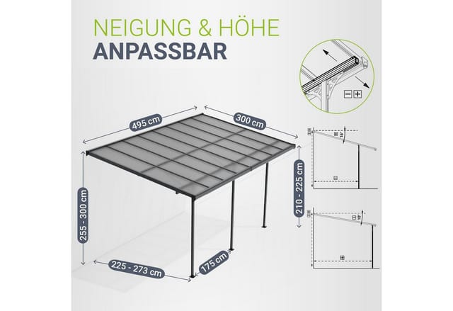 Juskys Aluminium Terrassendach Borneo 4,9x3m mit Doppelstegplatten Dunkelgrau