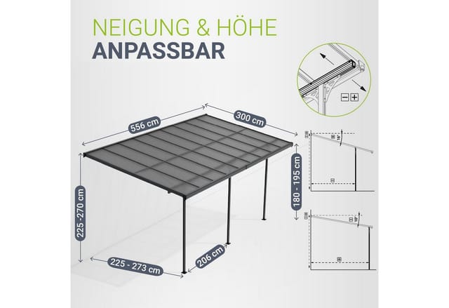 Juskys Aluminium Terrassendach Borneo 5,5x3m mit Doppelstegplatten Dunkelgrau