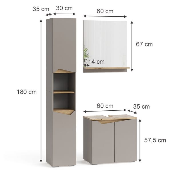 Vicco Badmöbel-Kombination Marelle Greige/Artisan-Eiche 3 Teile mit Hochschrank