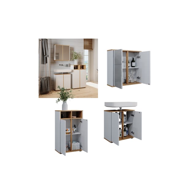 Vicco Badmöbel-Set Didi Weiß/Artisan 3 Teile Midischrank mit 2 Türen