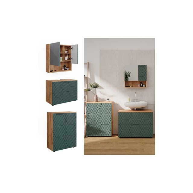 Vicco Badmöbel-Set Irma Goldkraft Eiche/Grün 3 Teile mit Unterschrank 80 cm