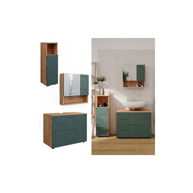 Vicco Badmöbel-Set Irma Goldkraft Eiche/Grün 3 Teile mit Midischrank