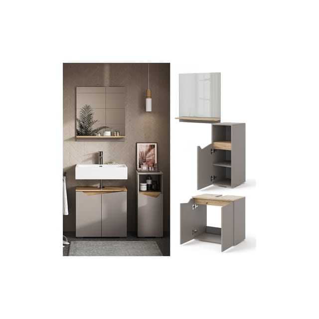 Vicco Waschbeckenunterschrank Marelle Greige/Artisan-Eiche 3 Teile mit Midischrank