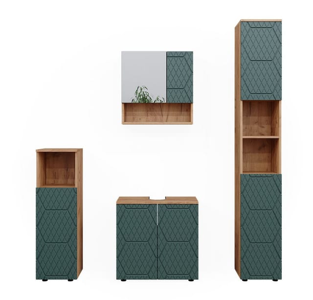 Vicco Badmöbel-Set Irma Goldkraft Eiche/Grün 4 Teile mit Hochschrank
