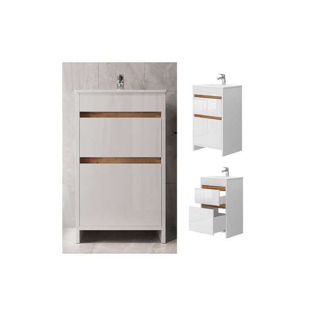Vicco Badmöbel-Set Detmold Weiß/Weiß Hochglanz 2 Teile mit Waschbecken und 2 Schubladen