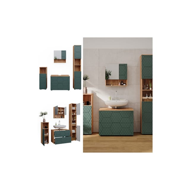Vicco Badmöbel-Set Irma Goldkraft Eiche/Grün 4 Teile mit Schubladenschrank und Hochschrank