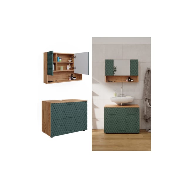 Vicco Badmöbel-Set Irma Goldkraft Eiche/Grün 2 Teile Unterschrank 80 cm