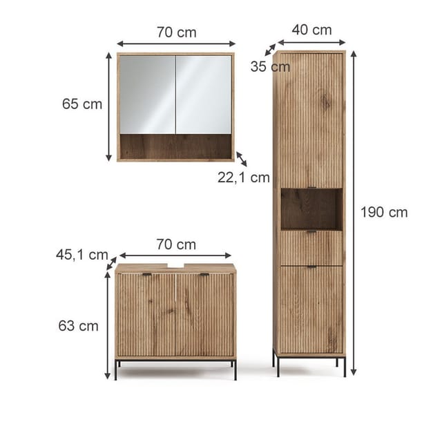 Vicco Badmöbel-Set Eliza Viking Oak 3 Teile mit Hochschrank