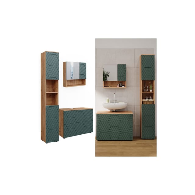 Vicco Badmöbel-Set Irma Goldkraft Eiche/Grün 3 Teile mit Schubladenschrank und Hochschrank
