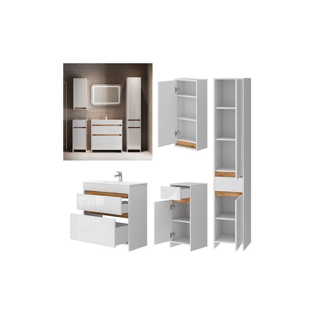 Vicco Badmöbel-Set Detmold Weiß Hochglanz/Goldkraft Eiche 5er-Set