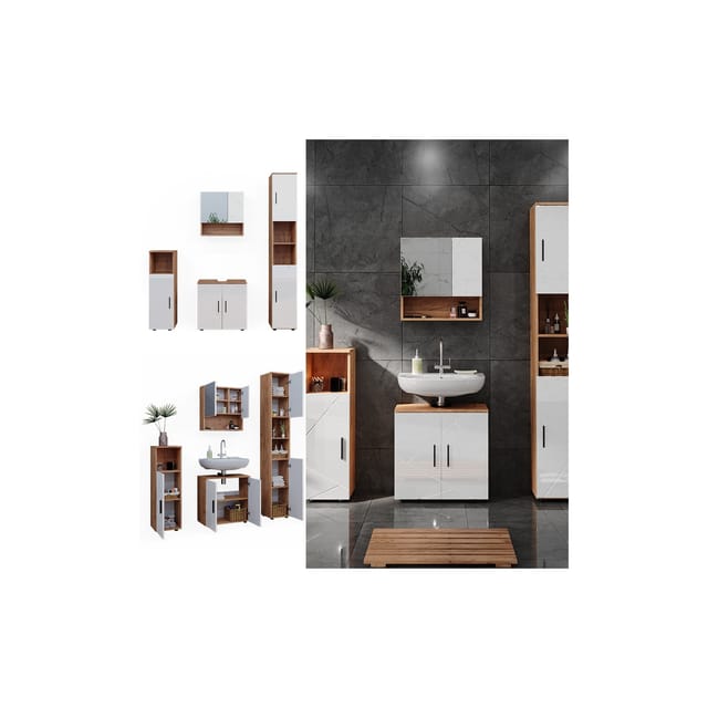Vicco Badmöbel-Set Irma Eiche/Weiß Hochglanz 4 Teile mit Hochschrank