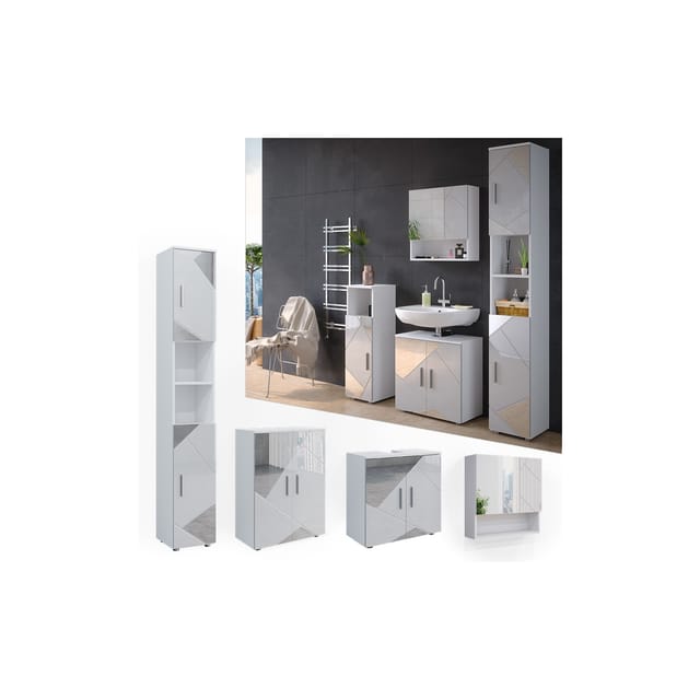 Vicco Badmöbel-Set Irma Weiß Hochglanz mit Einsätzen 4 Teile mit Hochschrank und Kommode