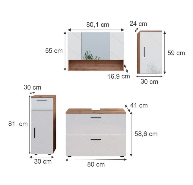 Vicco Badmöbel-Set Irma Eiche/Weiß Hochglanz 4 Teile