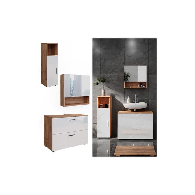 Vicco Badmöbel-Set Irma Eiche/Weiß Hochglanz 3 Teile mit Midischrank