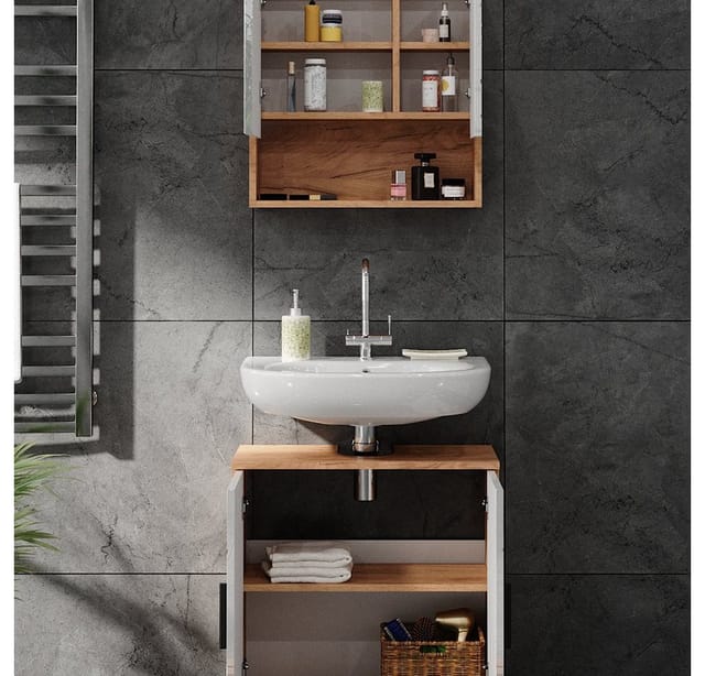 Vicco Badmöbel-Set Irma Eiche/Weiß Hochglanz 2 Teile Unterschrank 60 cm