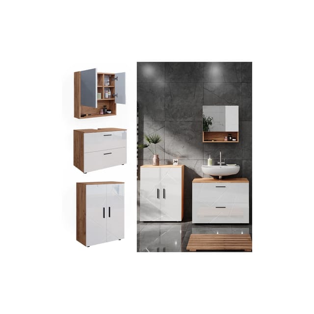 Vicco Badmöbel-Set Irma Eiche/Weiß Hochglanz 3 Teile mit Unterschrank 80 cm