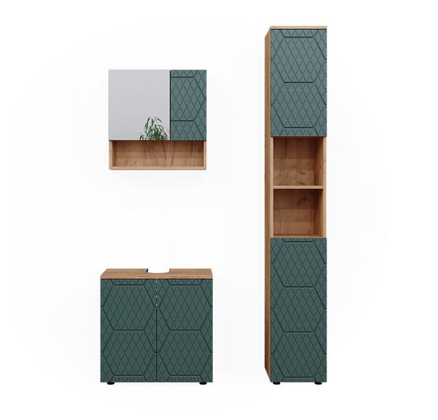 Vicco Badmöbel-Set Irma Goldkraft Eiche/Grün 3 Teile mit Hochschrank