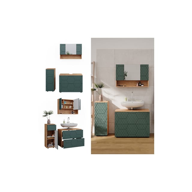 Vicco Badmöbel-Set Irma Goldkraft Eiche/Grün 3 Teile mit Schubladenschrank und Midischrank