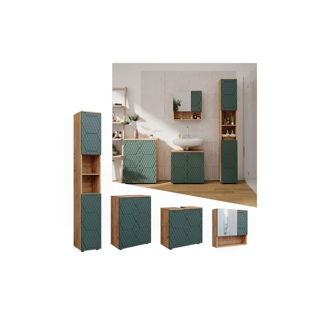 Vicco Badmöbel-Set Irma Goldkraft Eiche/Grün 4 Teile mit Hochschrank und Kommode